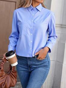 Camisa vestir dama mujer cuello camisero tejido de vestir a modo de líneas finas  cierre botones manga larga bolsa de parche bajo recto amplio calor primavera verano día noche elegante casual trabajo diario - Azul - Ver 3