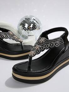 Bohemian Crystal Embellished Women's Platform Wedge Thong Sandals - Black - View 9