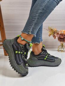 Women's Contrast Color Patchwork Breathable Anti-Slip Rhinestone Chunky Sole Serrated Platform Sneakers, Unique Design, Casual Sports Shoes, Fashion & Comfortable Versatile, Suitable For All Seasons, College Style Chunky Sneakers