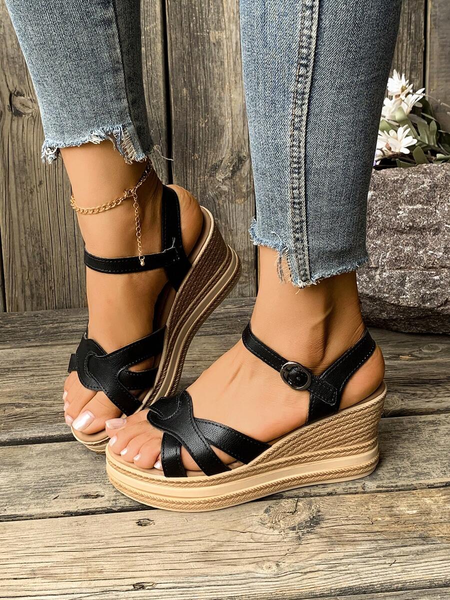 Sandali con zeppa e piattaforma nuovi per l'estate da donna, ciabatte nere alla moda e versatili, sandali estivi con tacco alto casual e stilosi, scarpe estive da donna - nero - Visualizzare 1