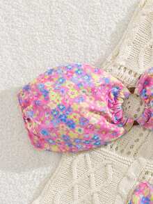 性感欧美图案印花比基尼，撞色条纹波西米亚结边 - 粉色 - 查看 4