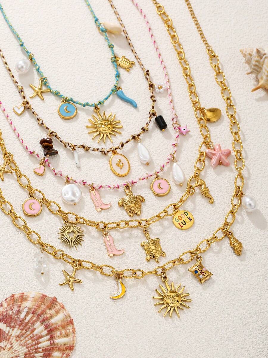 1 pezzo Collana con pendente in acciaio inossidabile colorata e carina a tema marino con stella marina, tartaruga e sole, adatta per amici, ragazze o regali, collana dell amicizia a tema oceanico - Multicolore - Visualizzare 1