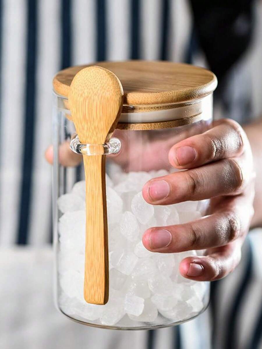 1pc - Glass Airtight Container, Sugar Jar, Spice Jar, Food Storage, With Wooden Lid And Spoon, Transparent Storage Jar With Wooden Lid And Spoon, Leaf Jar, Coffee Jar, Spice Jar, Airtight, Coffee, Tea, Candy, Special Purpose, Airtight Glass Kitchen Jar, Airtight Food Storage Jar, Various Cereals And Snacks - Multicolor - View 1