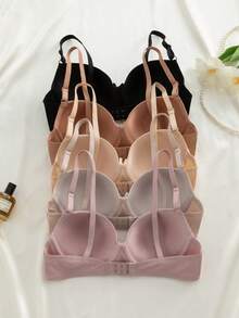 5Pcs French Striped Underwire Bra, Built-In Pads, Comfortable Lifting & Push-Up Design, Slightly Elastic. Size Up Recommended For Fuller Bust. - Multicolor - View 6