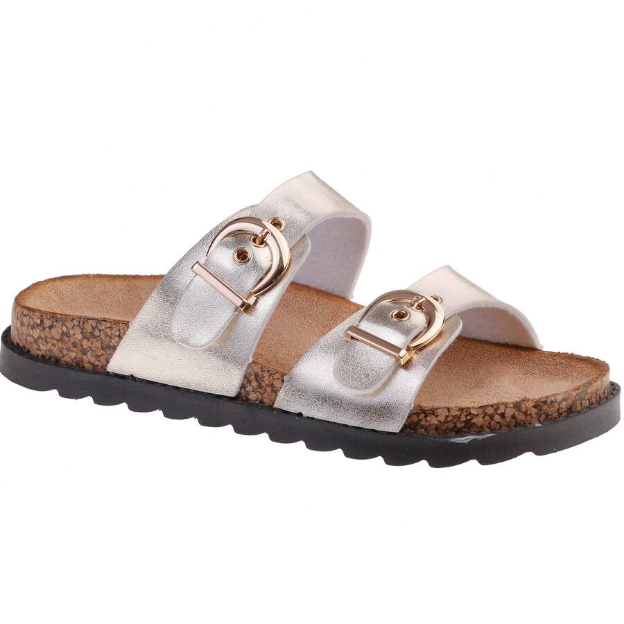 calcena Women's Dual-Strap Soft Cork Slide Sandals With Gold-Tone Buckle - Comfortable, Ideal For Summer, Travel And Everyday Casual Wear - Gold - View 1