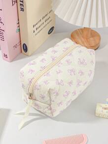 1 Peça Bolsa de Maquiagem Fofa com Laço, Portátil e Compacta, Padrão de Laço Fofo, Bolsa de Toucador de Viagem, Organizador de Maquiagem com Zíper, Bolsa Acolchoada de Cosméticos, Bolsa de Maquiagem Franzida com Zíper, Dobrável e Estilosa para Pincéis, Bolsa de Cosméticos Estética para Presente, Amiga, Itens Essenciais de Viagem, Férias, Verão, Volta às Aulas, Bolsa Escolar, Bolsa de Viagem para Mulheres, Bolsa de Maquiagem para Viagem