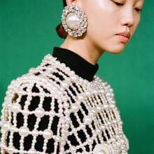2pcs/Set Oversize Round Full Rhinestone Earrings, Vintage Pearl Earrings Decorations