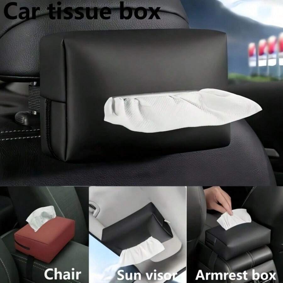 PU Leather Car Armrest Tissue Box, Seat Mounted Tissue Holder, Car & Home Dual Use Tissue Bag, Visor Mounted Tissue Box, Car Organizer (Tissue Not Included)