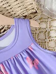 卡通动物印花女童无袖连衣裙，舒适透气假日帐篷太阳裙 - 紫色 - 查看 6