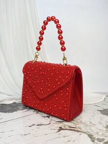 Bolso de mano de perlas para mujer, bolso de embrague formal de moda para fiestas de noche, bodas - Rojo - Ver 7