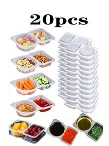 20pcs Portable Dual Compartment Condiment Containers - Reusable Plastic Sauce And Dip Trays, Multi-Function Dip Cups With Lids, Salad Sauce Take-Out Containers, Seasoning Boxes With Dual Compartments, Dual Compartment Snack Containers For Take-Out Sauces, Back To School, Halloween, Travel Snacks And Sauces, Beach Snacks, Christmas, Halloween, Mother's Day, 4th Of July, Parties, Birthday Parties, Gatherings