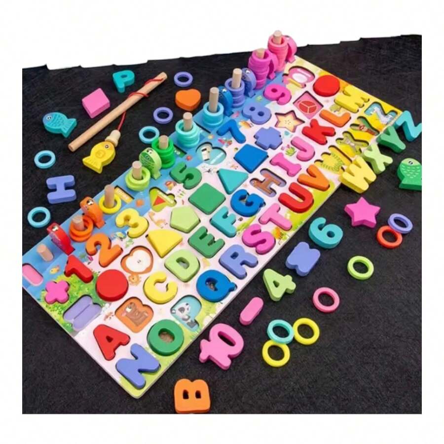 Tablero grande de madera con letras números figuras incluye juego de pesca matemáticas juguete educativo estilo Montessori actividades didácticas y desarrollo infantil creatividad y aprendizaje - Tablero  45x18 cm - Ver 1