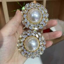 2pcs/Set Oversize Round Full Rhinestone Earrings, Vintage Pearl Earrings Decorations