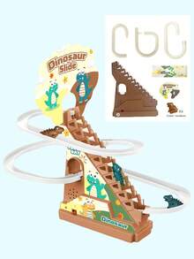 恐龙过山车玩具、恐龙爬梯音乐玩具、恐龙赛道、电动赛道游戏自动攀爬器、带恐龙迷你车的爬梯玩具、圣诞节、万圣节和新年礼物（不含电池） - 彩色 - 查看 6