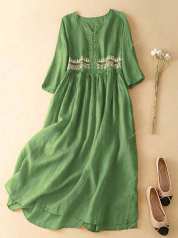 Vintage Embroidered Dress, Hobo Style Aesthetic Round Neck 3/4 Sleeve Embroidered Midi Dress, Elegant Embroidered Women's A-Line Dress, Holiday Women's Vintage Style Simple Daily Summer Dress, Bohemian Vacation Embroidered Decor