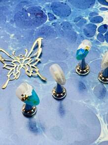 10 Unhas Curtas em Formato de Amêndoa, Design Romântico de Oceano, Estrela-do-mar 3D, Ondas de Oceano Simuladas, Unhas Clássicas Feitas por Mulheres e Meninas, com 1 Gel e 1 Lixa