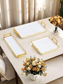 1pc Elegant Gold-Rimmed PS Plastic Tray Set - Multipurpose Rectangular Trays Suitable For Kitchen, Dining Room, Living Room - Great For Tea, Snacks, Candy, Bread - Perfect For Weddings, Gifts, Birthday Events