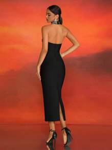 Luxury Handmade Rhinestone Embellished Sleeveless Black Bandage Slit Evening Dress For Women, Elegant Formal Prom Dress, For Wedding Guest, Graduation, Dinner