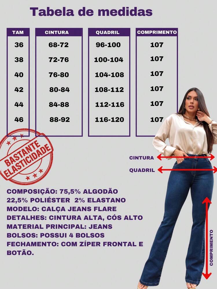 Calça Flare Jeans Feminina Lavagem Azul Cintura Alta Boca de Sino com Lycra Modeladora Levanta Bumbum - Azul - Visão 6
