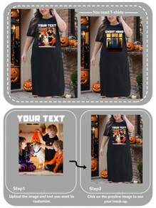 Robe longue personnalisée pour femmes pour Halloween, conception sur mesure avec votre texte personnel/nom/bénédictions d'Halloween, téléchargez vos drôles d'images/animaux de compagnie/photos d'amis sur l'avant, robe ample et confortable grande taille pour femmes, noire, vêtements d'automne, cadeau de fête, robe d'intérieur