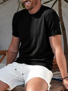 Men's Solid Color Short Sleeve Knit Vertical Striped Crew Neck Top, Old Money Style