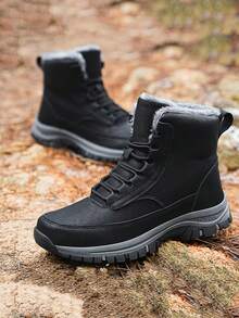 男士徒步靴，秋冬季户外运动保暖高帮鞋，时尚男士雪地靴，登山靴，户外露营徒步靴，防滑耐磨，黑色/卡其色系带雪地靴，大码男鞋，尺码 39-48