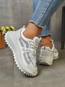 Women's Colorblock Mesh Breathable Anti-Slip Rhinestone Platform Cleated Sole Sneakers, Unique Design Element, Casual Sports Shoes, Fashion & Comfortable, Versatile, Suitable For All Seasons, Retro Sporty Style
