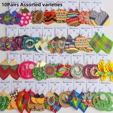 10 Pairs Boho Style Wooden Stud Earrings With Colorful Geometric Hollow Print, Suitable For Daily, Party And Gathering Wear, Random Design