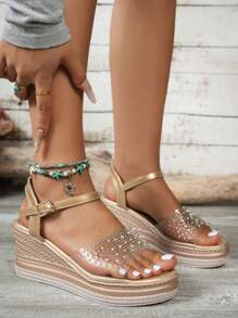 Women's Outdoor Transparent Rhinestone Rivet Fashionable Outdoor Hook Banquet Home Increased Platform Wedge Sandals