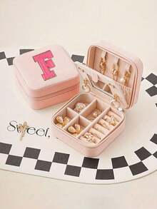 1pc26 Letter Zipper With Mirror Jewelry Storage Box, Small PU Leather Travel Jewelry Storage Box, Collectible Jewelry Box, Ring Storage Box, Pendant Storage Box, Earring Storage Box, Necklace Storage Box, Bracelet Jewelry Box, Wedding Ring Box - Multicolor - View 3