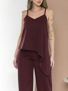 conjunto de blusa assimetrica com calça pantalona elegante C3142 - Vinho - Visão 8