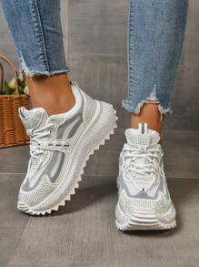 Women's Colorblock Mesh Breathable Anti-Slip Rhinestone Platform Cleated Sole Sneakers, Unique Design Element, Casual Sports Shoes, Fashion & Comfortable, Versatile, Suitable For All Seasons, Retro Sporty Style