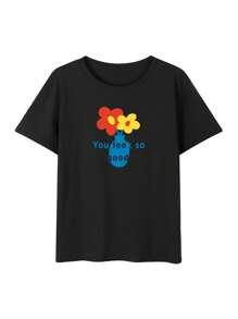 Casual Printed Round Neck Short Sleeve T-Shirt For Female College Students, Summer Student Youth Clothing - Artistic T-Shirts Stimulate Imagination And Self-Expression - 黑色 - 查看 2