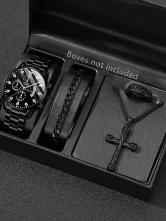 4 件男士黑色不锈钢表带时尚休闲日历功能混合刻度圆形表盘手链嘻哈十字架项链戒指首饰套装适合日常佩戴装饰或日常送礼