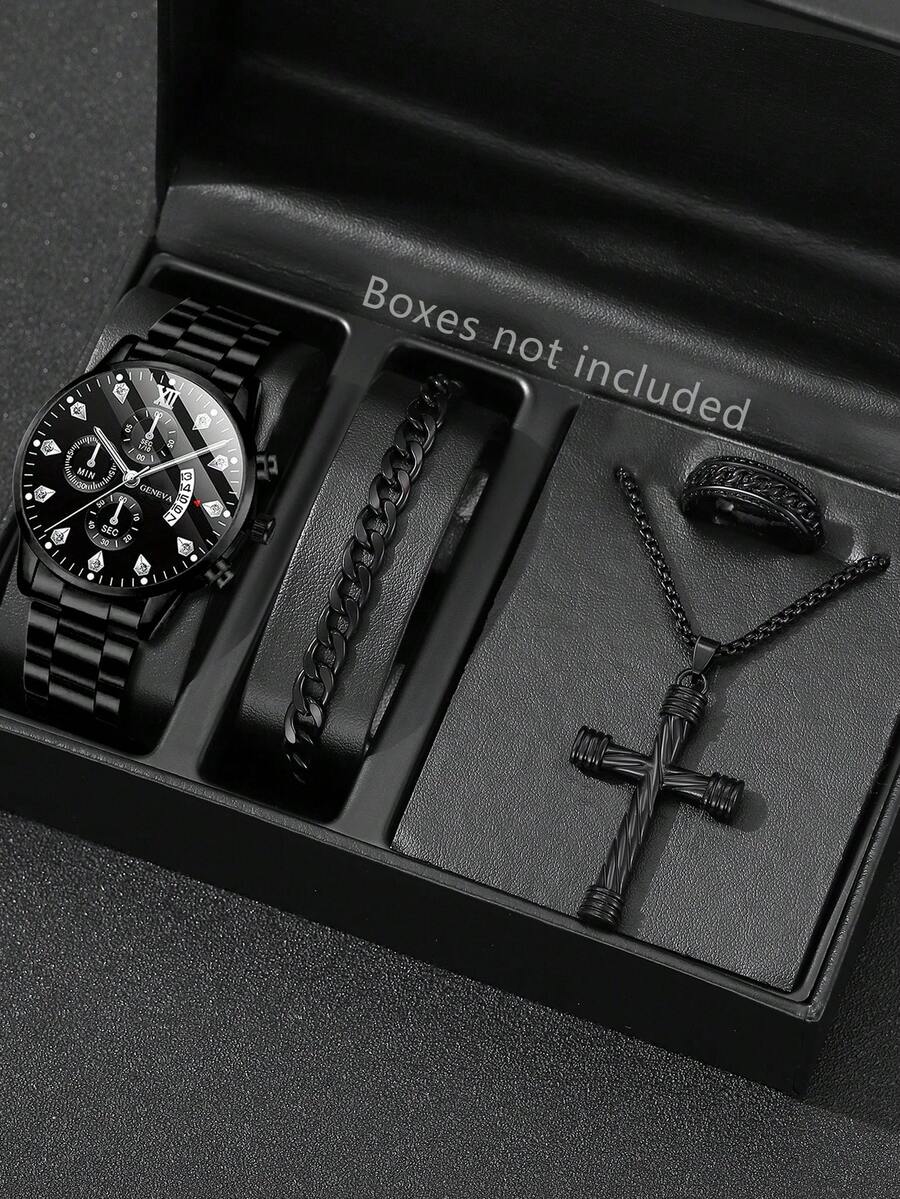 4pcs/Set Men's Stainless Steel Bracelet Watch, Calendar Function Mixed Scale Round Dial, Casual Hiphop Cross Necklace & Ring Jewelry Set, Suitable For Daily Wear Or Gift