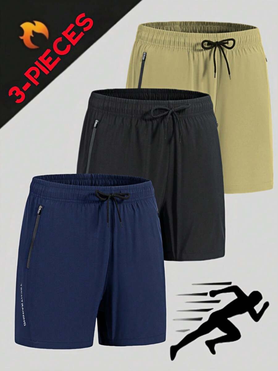 Summer Workout 3pcs/Set Men's Casual Loose Breathable Shorts, Solid Color Athletic Sportswear Set - Multicolor - View 1