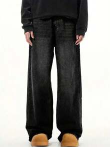 复古宽松百搭休闲男士牛仔裤，适合所有季节，垃圾摇滚 - 黑色 - 查看 5