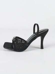 Women's Black Square Toe Stiletto Heeled Sandals, Fashionable Versatile Sexy Party Dress Shoes Make Legs Look Slender - Black - View 6