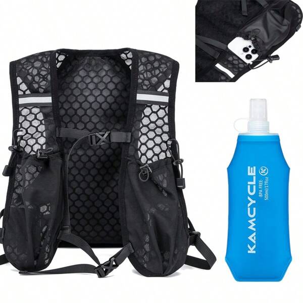 2 pièces Porte-téléphone pour course avec sac à dos et gourde souple de 500 ml | Sac à dos d'hydratation avec gourde (sans poche à vessie) | Gilet d'hydratation pour course léger et réfléchissant | Sac à dos de course pour trail, marathon | Accessoires de course pour hommes et femmes