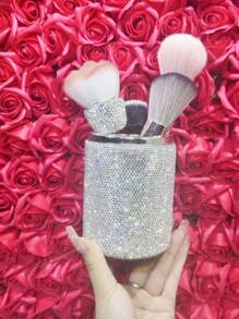 1pc White Luxurious Crystal-Inlaid Desk Pen Holder, Creative Ceramic Rhinestone Makeup Brush Holder, Fashion Cosmetic Organizer Storage