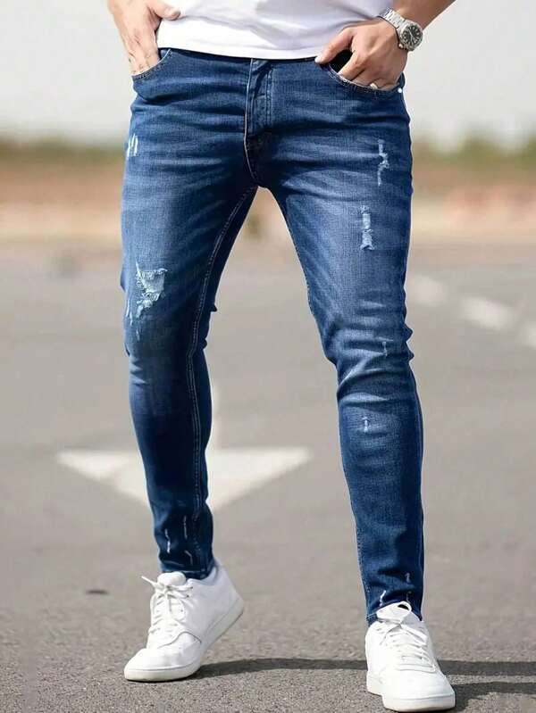Men's Fashionable Distressed Skinny Fit Washed Denim Jeans For Casual Wear, Autumn