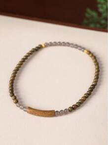 1pc Multi-Layer Wrapped Green Sandalwood, Gray Crystal Carved Text Beaded Bracelet For Women, Vintage Bohemian Elegant Fashion Accessory For Daily, Party, Vacation, Prayer, Meditation Wear