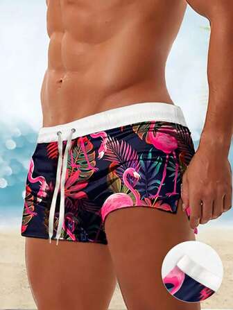 Bóxers de baño de hombre con estampado de flamencos, estilo de resort europeo y americano