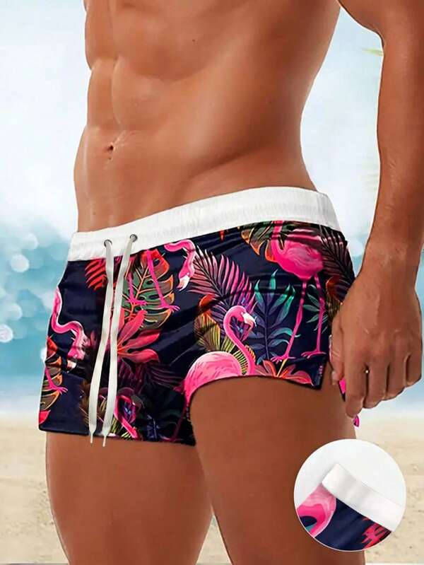 Herren Mode Flamingo Muster Kordelzug Badeshorts, Europäischer & Amerikanischer Resort Stil