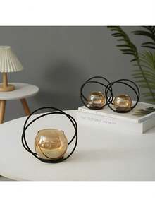 1pc Vintage European Style Iron Geometric Round Candle Holder Centerpiece, Customizable Candlestick For Dining Table - Black - View 4