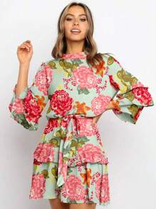 1pc Women's Floral Print Round Neck 3/4 Sleeve Double Layer Ruffle Waist Tie Short Dress, Bohemian Dress, Hawaiian Style, Graduation Party, Concert