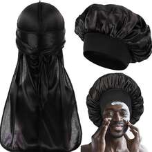 Awegeo 2 chiếc mũ ngủ nam, màu trơn, vành rộng, chất liệu satin mềm mại co giãn, unisex, thoải mái và giản dị, có thể dùng làm mũ ngủ hoặc mũ giữ nếp tóc. - 2 chiếc - Xem 8