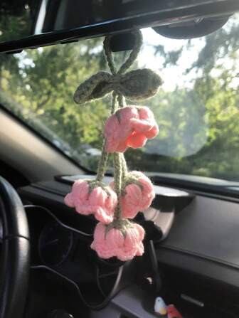 1pc Handmade Crocheted Pink Lily-Of-The-Valley Car Rearview Mirror Decoration