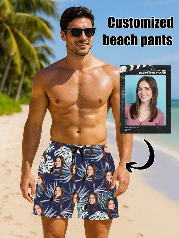Personalisierte Badeshorts in Große Größen für Männer - Lässige Badeshorts mit Tunnelzug, Muster mit Fotos, lustiges Geburtstaggeschenk für Freund oder Partner