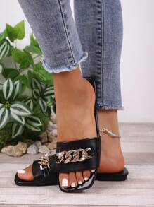 Women's Casual Square Toe Chain Buckle Slippers, Casual Shiny Lightweight Women Flat Sandals